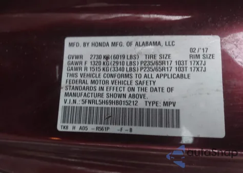 2017 Honda Odyssey Ex-L z USA, uszkodzony, nr VIN 5FNRL5H69HB015212